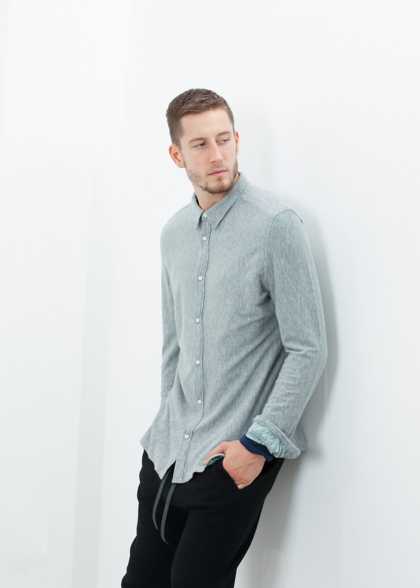 Kasuri Jersey Button-Up in Blue Grey